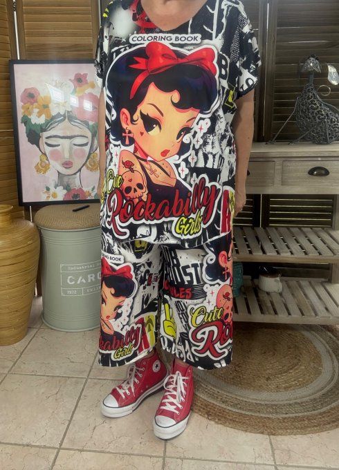 Ensemble bermuda façon Jort + top  Pinup Skulls Rockabilly du 40 au 52 