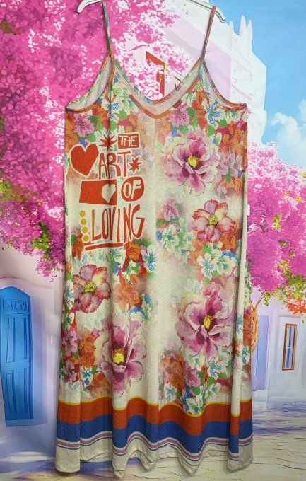 Robe trapèze longue fines bretelles Lurex pailleté doré Frida Kahlo Fleurs multicolores du 40 au 50 