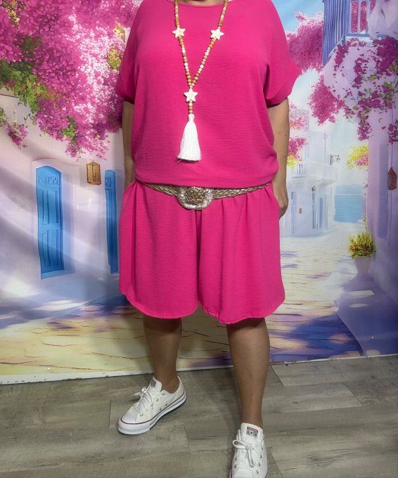 AVEC DEFAUT : Ensemble Fuschia Tunique ample + short cuisses larges taille élastiquée du 40 au 50