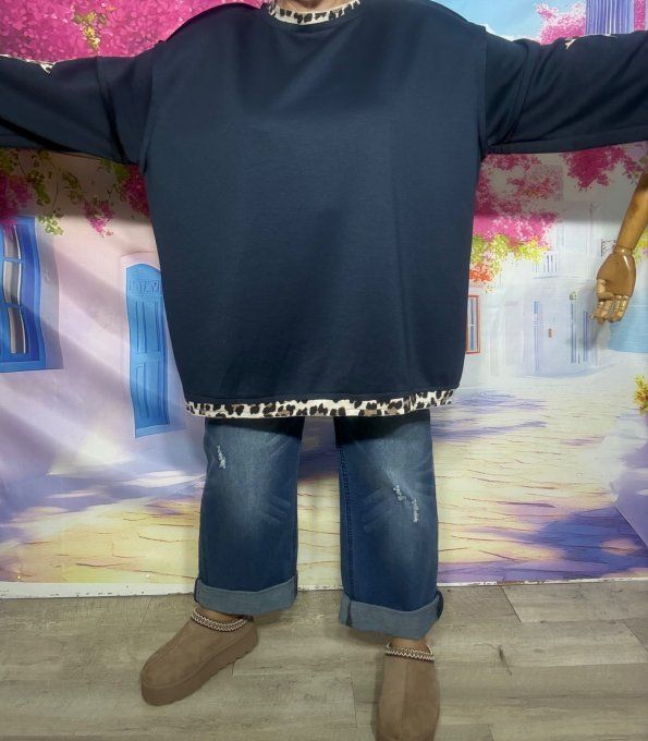 Sweat oversize Néoprène Marine Etoiles Léopard manches et dos douceur +++ du 42 au 54 