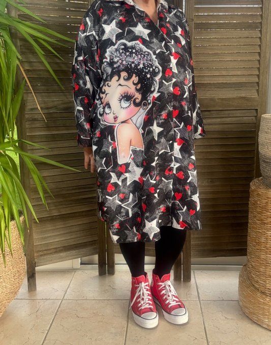 Robe chemise oversize noire étoiles  Betty Boop Cosmo Girl du 42 au 52/54