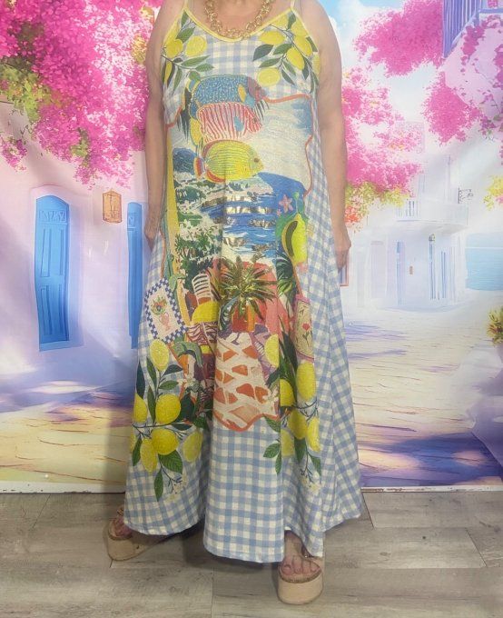 Robe trapèze longue fines bretelles Lurex pailleté doré La Dolce Vita Les Citrons du 40 au 50 