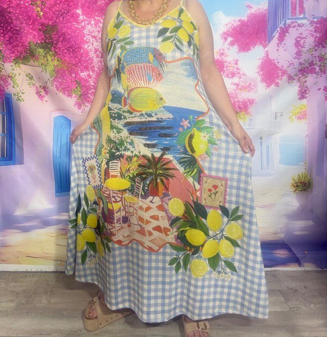Robe trapèze longue fines bretelles Lurex pailleté doré La Dolce Vita Les Citrons du 40 au 50