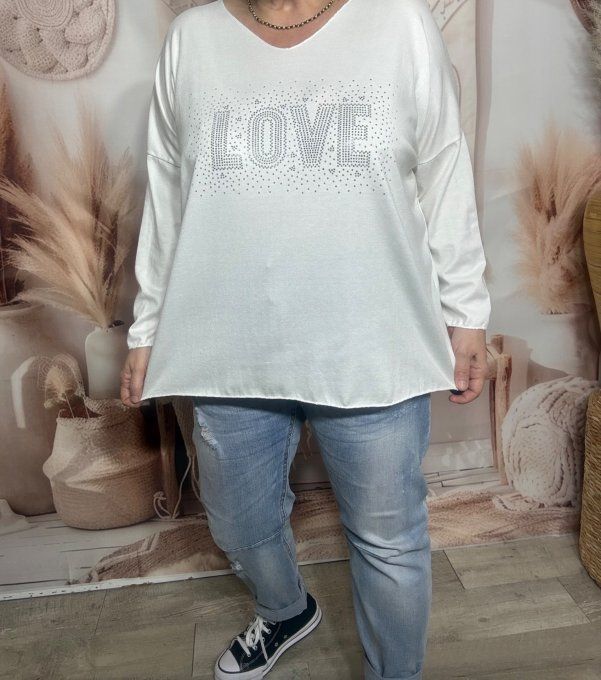 Top ample blanc Love strass argentés douceur +++ du 40 au 52/54 