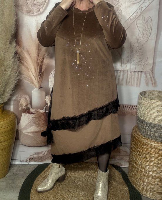 Tunique asymétrique velours chocolat strass paillettes argentées et dentelle noire du 38 au 50/52 