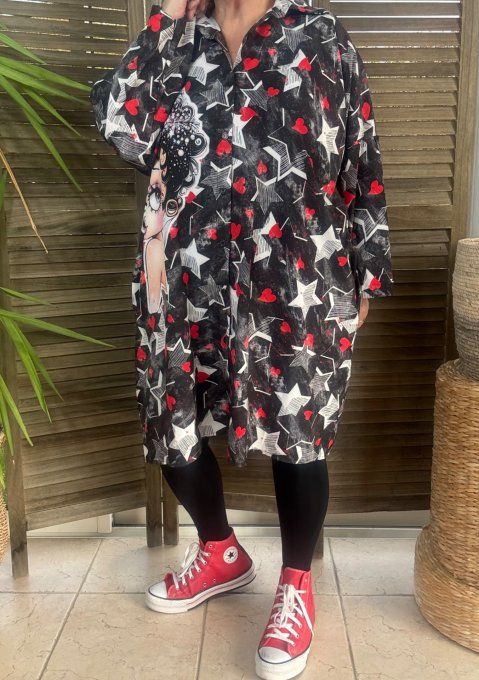 Robe chemise oversize noire étoiles  Betty Boop Cosmo Girl du 42 au 52/54