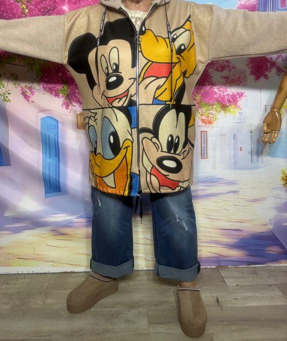 Gilet long à capuche oversize polaire beige Mickey Mouse et ses amis du 38 au 50 et même +