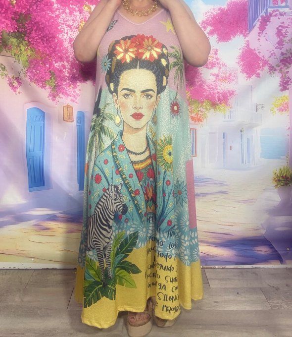 Robe trapèze longue fines bretelles Lurex pailleté doré Frida Kahlo et le zèbre du 40 au 50