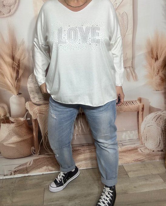 Top ample blanc Love strass argentés douceur +++ du 40 au 52/54 