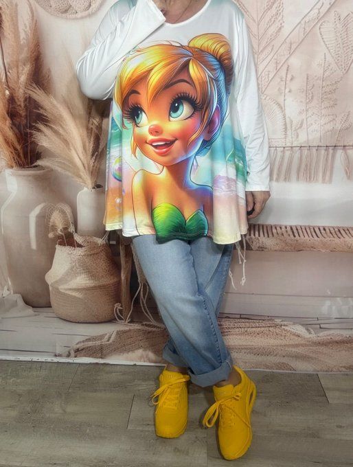 Top trapèze blanc manches longues La Fée Clochette du 40 au 54/56