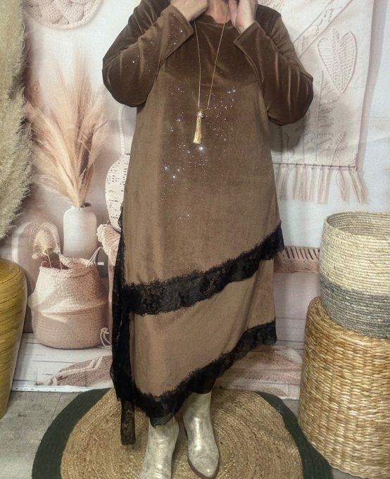 Jupe asymétrique velours chocolat au lait strass paillettes argentées et dentelle noire du 40 au 52 