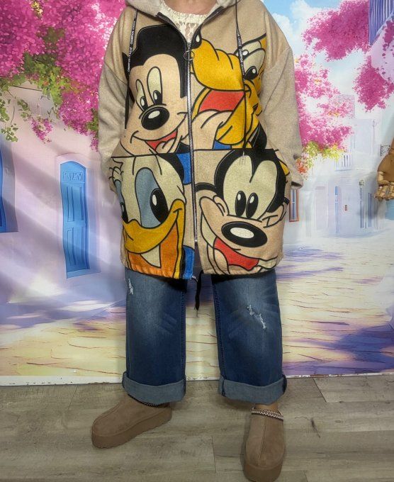 Gilet long à capuche oversize polaire beige Mickey Mouse et ses amis du 38 au 50 et même +