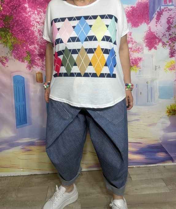 Tee-shirt ample blanc Les Losanges Argyle Jacquard multicolores du 38 au 50/52 