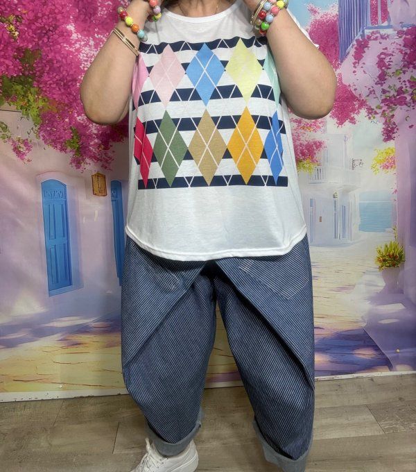 Tee-shirt ample blanc Les Losanges Argyle Jacquard multicolores du 38 au 50/52 