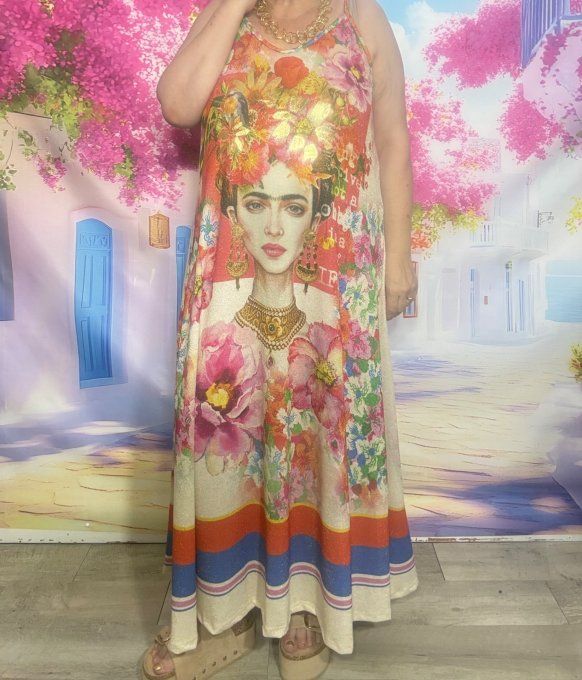 Robe trapèze longue fines bretelles Lurex pailleté doré Frida Kahlo Fleurs multicolores du 40 au 50 