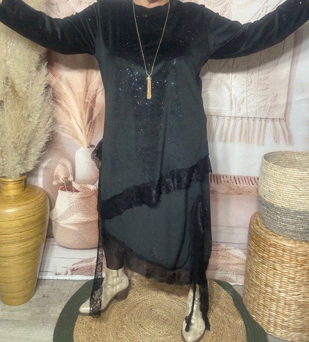 Jupe asymétrique velours noir strass paillettes argentées et dentelle noire du 40 au 52