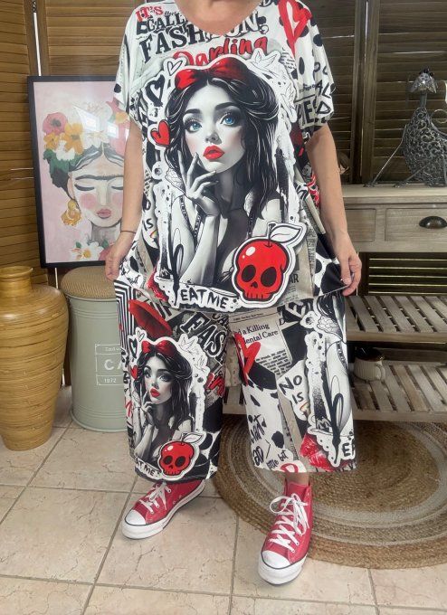 Ensemble bermuda façon Jort + top  The Gothic Skulls Girl du 40 au 52 