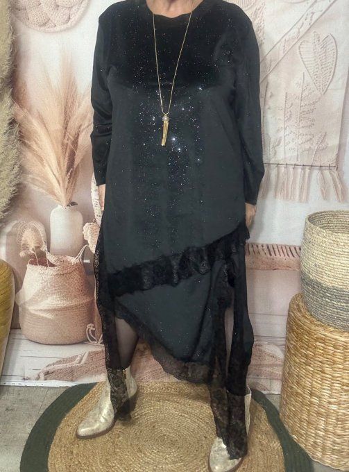 Jupe asymétrique velours noir strass paillettes argentées et dentelle noire du 40 au 52