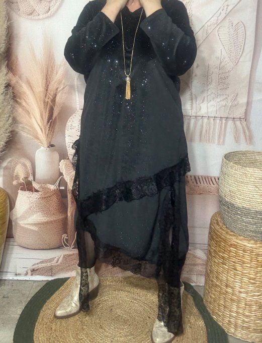 Jupe asymétrique velours noir strass paillettes argentées et dentelle noire du 40 au 52