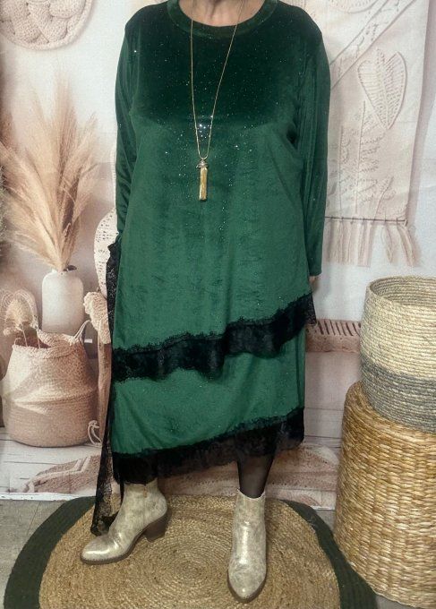 Jupe asymétrique velours vert Sapin strass paillettes argentées et dentelle noire du 40 au 52 