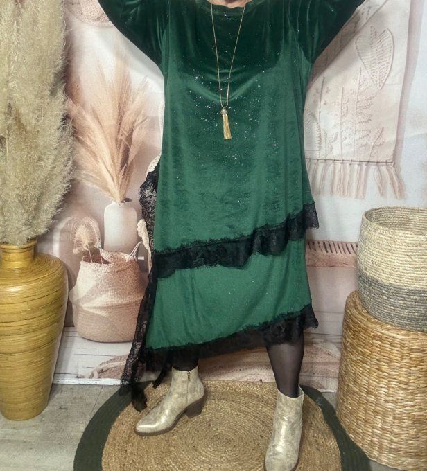 Jupe asymétrique velours vert Sapin strass paillettes argentées et dentelle noire du 40 au 52 