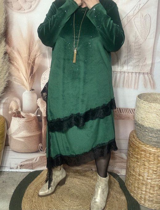 Jupe asymétrique velours vert Sapin strass paillettes argentées et dentelle noire du 40 au 52 