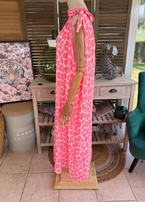 Robe longue gaze de coton léopard rose fluo & orange fluo du 42 au 52/54