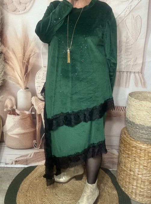 Jupe asymétrique velours vert Sapin strass paillettes argentées et dentelle noire du 40 au 52 