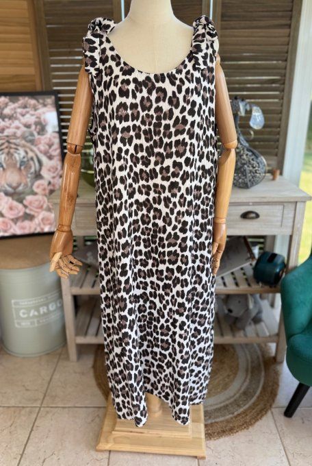 Robe longue gaze de coton léopard crème choco noir du 42 au 52/54 