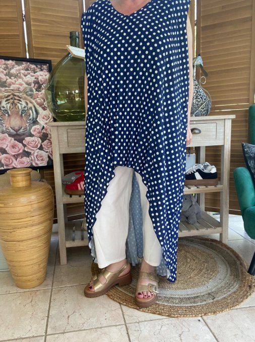 Maxi-tunique plissée asymétrique marine pois blancs du 42 au 56/58