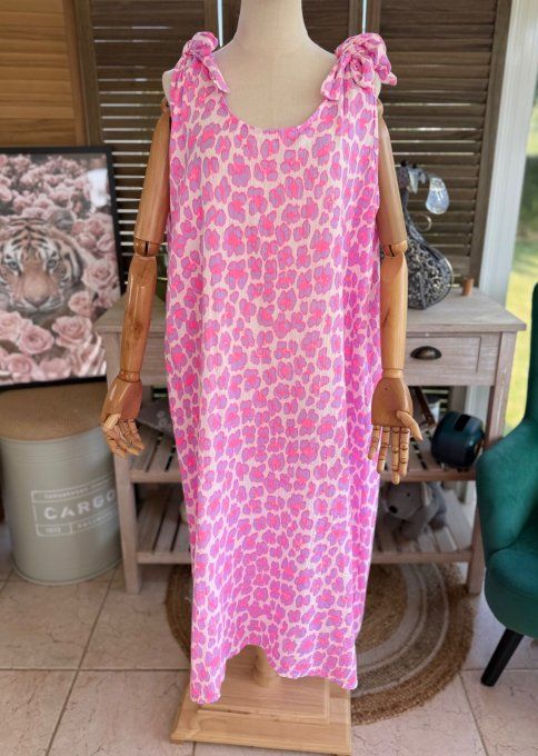 Robe longue gaze de coton léopard rose fluo & Lilas parme du 42 au 52/54 
