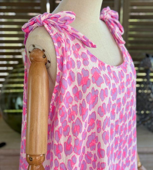 Robe longue gaze de coton léopard rose fluo & Lilas parme du 42 au 52/54 