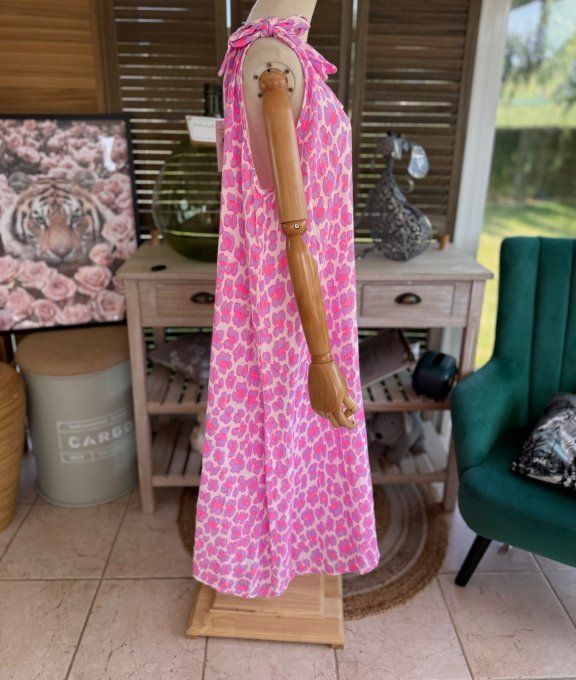 Robe longue gaze de coton léopard rose fluo & Lilas parme du 42 au 52/54 