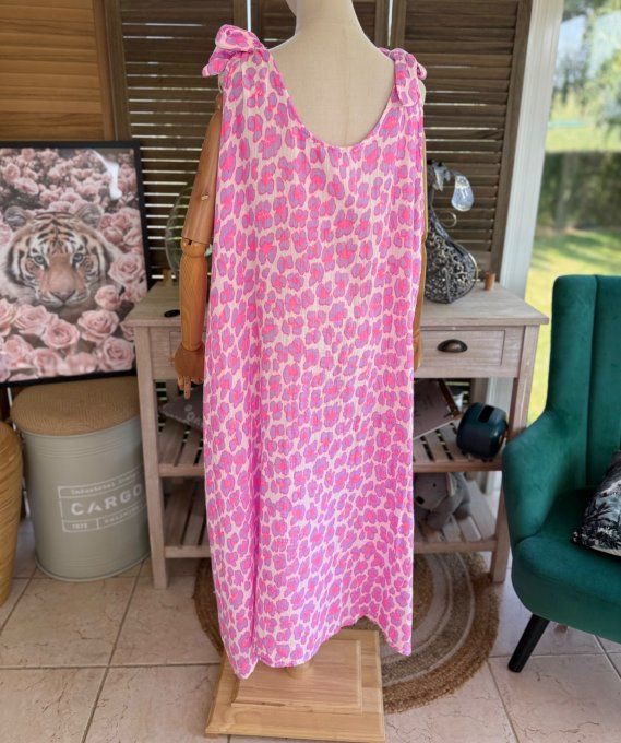 Robe longue gaze de coton léopard rose fluo & Lilas parme du 42 au 52/54 