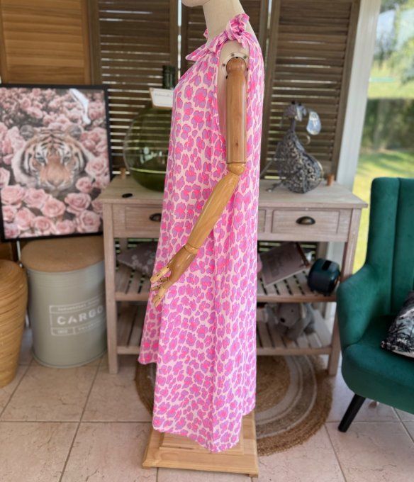 Robe longue gaze de coton léopard rose fluo & Lilas parme du 42 au 52/54 
