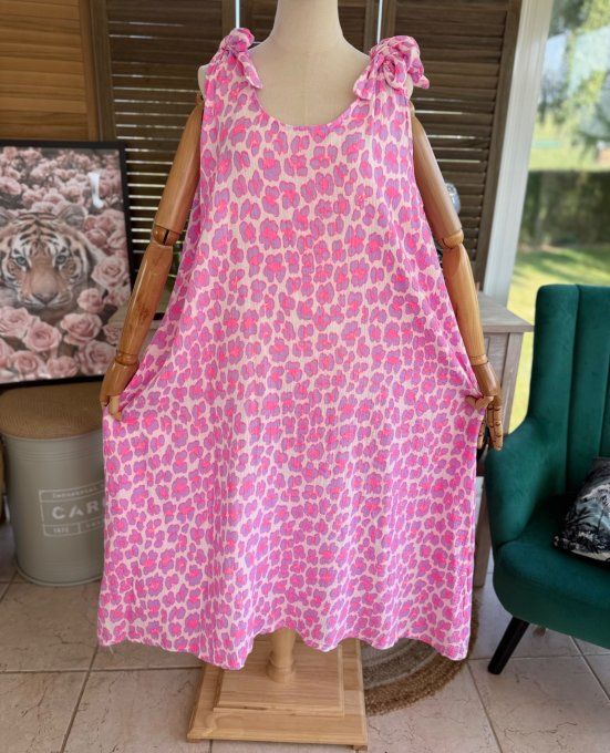Robe longue gaze de coton léopard rose fluo & Lilas parme du 42 au 52/54 