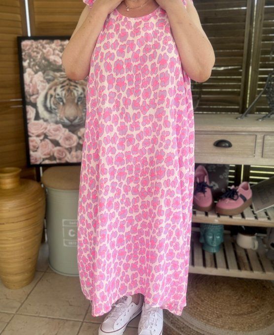 Robe longue gaze de coton léopard rose fluo & Lilas parme du 42 au 52/54 