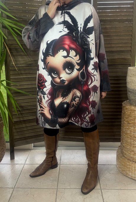 Robe-sweat trapèze à capuche multicolore Betty Boop Gothic Girl du 40 au 50/52