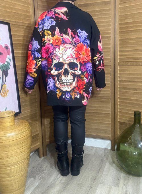 Veste blazer noire Mexican Skulls Calavera & Flowers du 42 au 52 et même + 