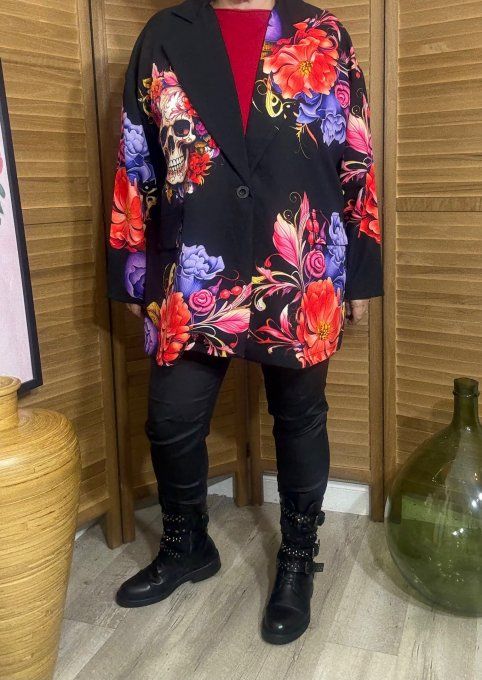 Veste blazer noire Mexican Skulls Calavera & Flowers du 42 au 52 et même + 