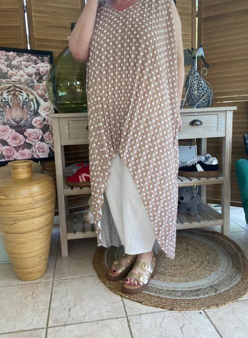 Maxi-tunique plissée asymétrique taupe clair pois blancs du 42 au 56/58