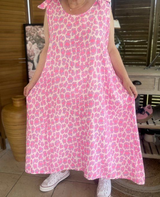 Robe longue gaze de coton léopard rose fluo & Lilas parme du 42 au 52/54 