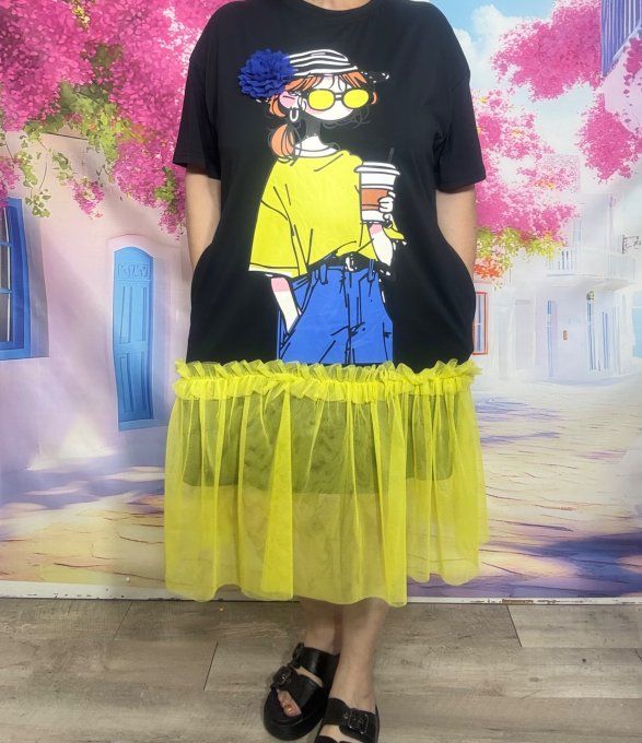 Robe mi-longue noire & tulle jaune Fly Out Pretty Fashion Girl Fleur en relief du 36 au 46/48