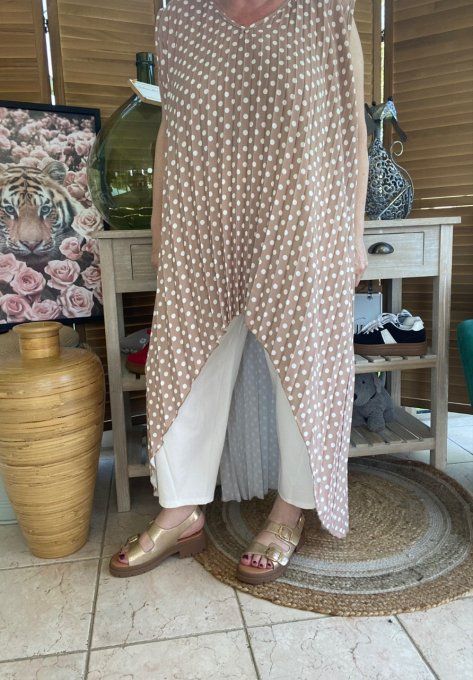 Maxi-tunique plissée asymétrique taupe clair pois blancs du 42 au 56/58