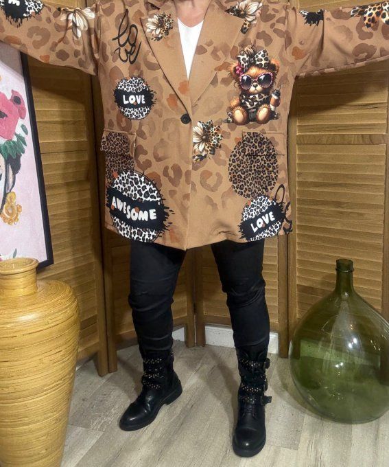 Veste blazer camel Léopard Teddy Bear Girly du 42 au 52 et même + 