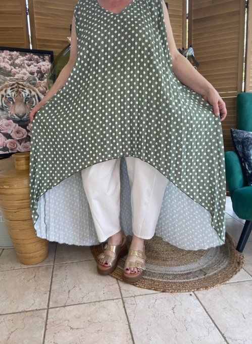 Maxi-tunique plissée asymétrique kaki clair pois blancs du 42 au 56/58