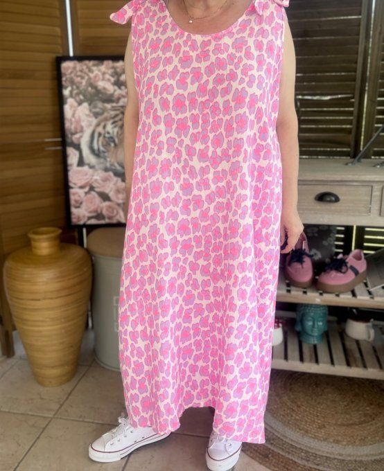 Robe longue gaze de coton léopard rose fluo & Lilas parme du 42 au 52/54 