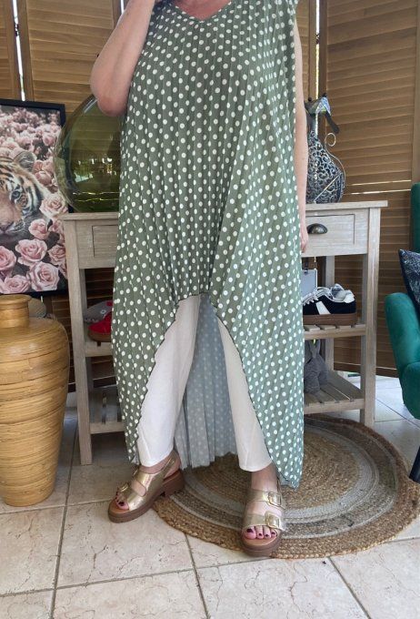 Maxi-tunique plissée asymétrique kaki clair pois blancs du 42 au 56/58