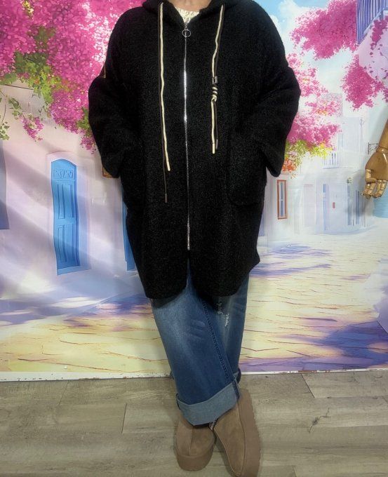 Manteau à capuche mi-long aspect laine bouillie noire Frida Kahlo Confort ++ du 40 au 52 et même +