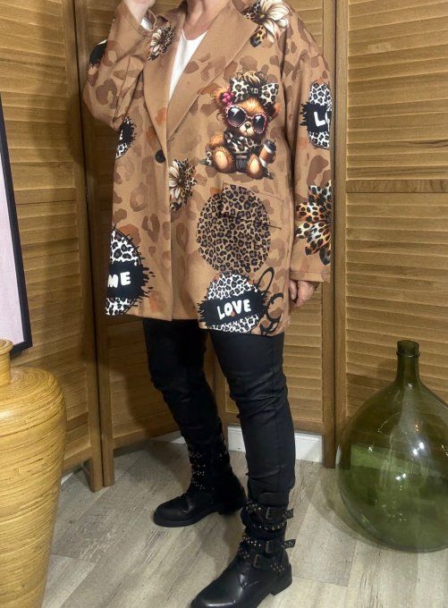 Veste blazer camel Léopard Teddy Bear Girly du 42 au 52 et même + 